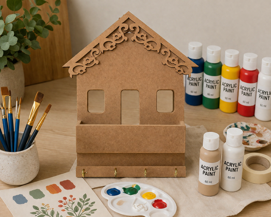 Ham MDF Ev Şeklinde Anahtarlık Organizer | Boyanabilir Duvar Askılığı